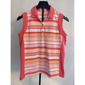 Tehama Coastal Striped Sleeveless‎ Golf Polo Top Pink Peach Small